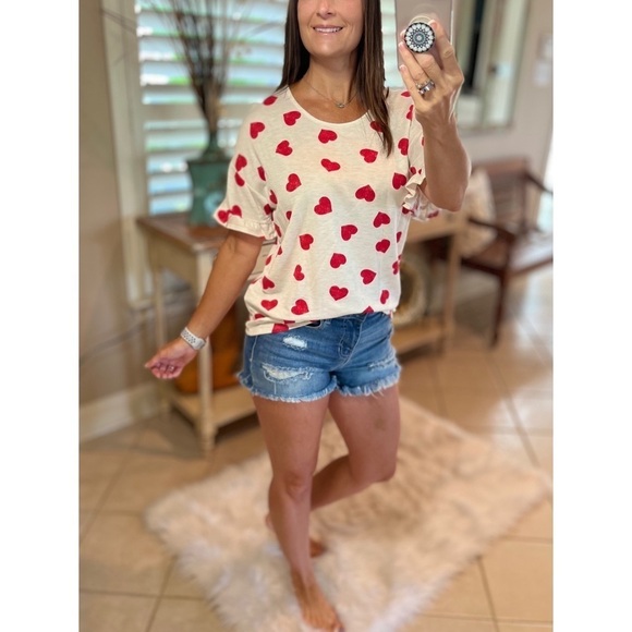 Heart Valentine Round Neck Short Ruffle Flutter Sleeve Top Red White 2522 - Picture 9 of 11